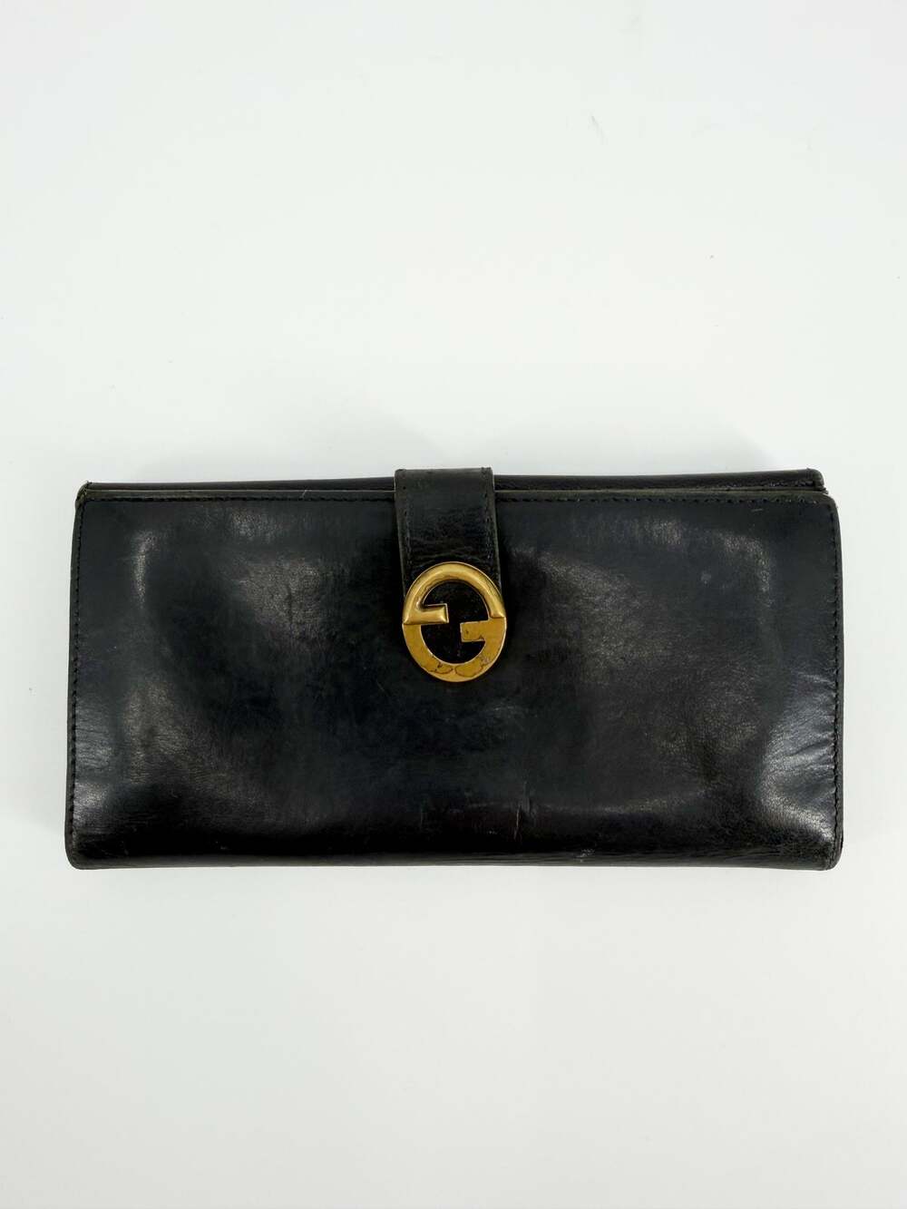 Gucci Vintage Wallet Black Leather Continental Long Flap Clutch Organizer